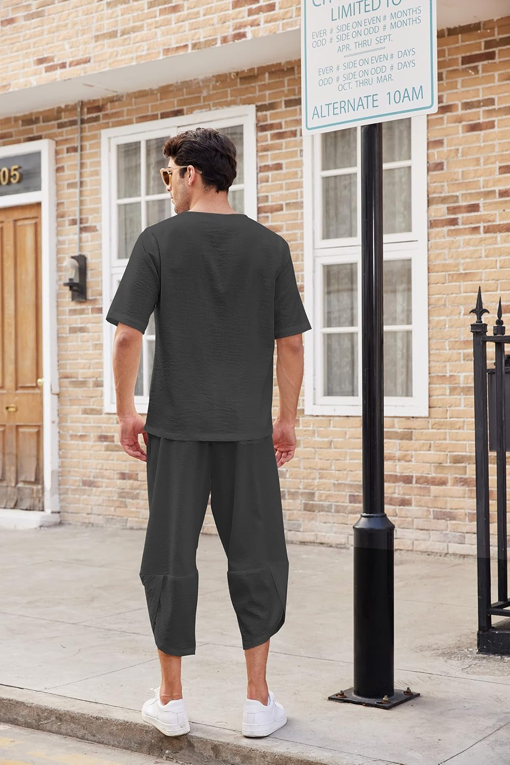 Men'S 2 Pieces Linen Set Henley Shirt Short Sleeve and Harem Capri Pants Wide Leg Baggy Beach Yoga Trousers Outfits