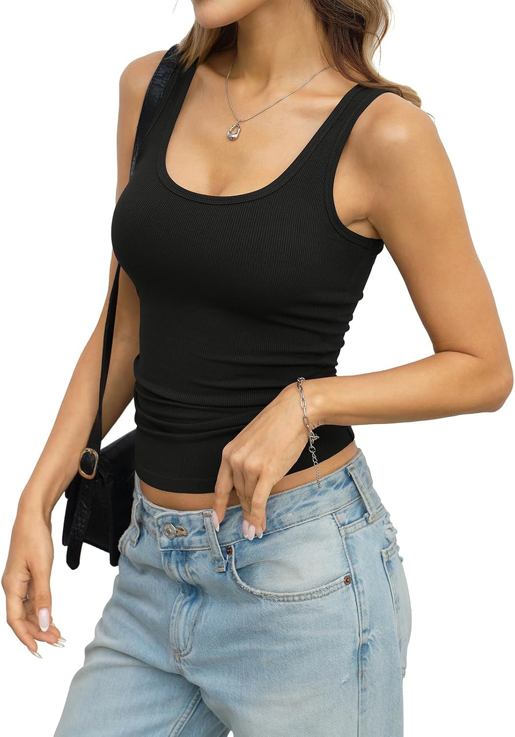 Womens Ribbed Scoop Neck Tank Tops Sleeveless Shirts Summer Basic | Slim Fit, Standard Length, Y2K Style, Going Out Outfits, Daily Casual, Cute, Trendy, Not Clingy, Non-Sheer, Easy Care