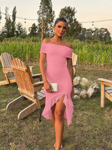 Women'S Sexy Bodycon off the Shoulder Party Midi Dress | Elegant Ruched Mesh Ruffle Cocktail Dress
