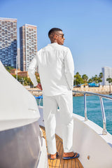Men'S 2 Piece Cotton Sets Casual Long Sleeve Cuban Henley Shirt and Loose Pants Set Beach Vacation Outfits