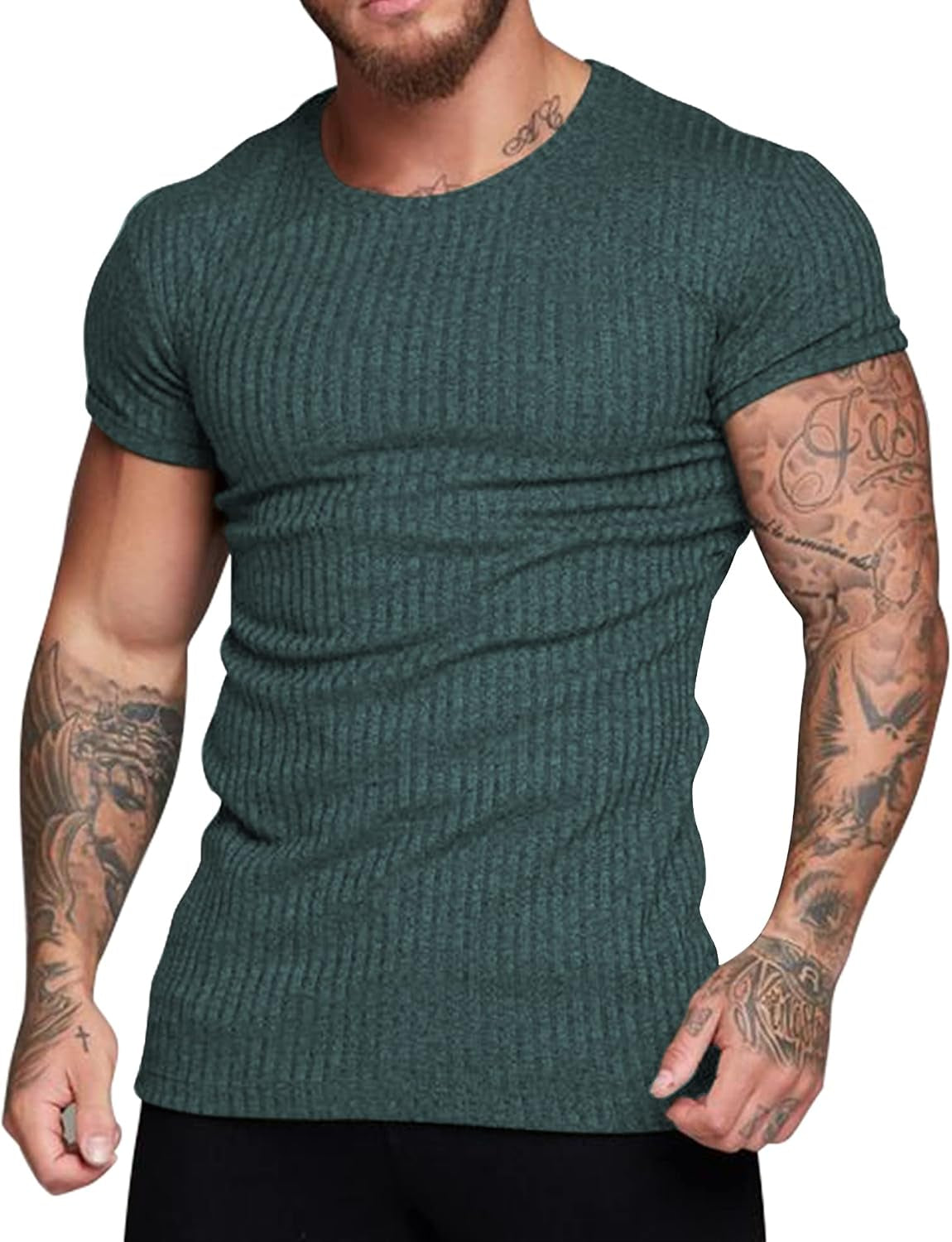 Men'S Muscle T Shirts Stretch Short Sleeve Crew Neck Bodybuilding Workout Tee Shirts