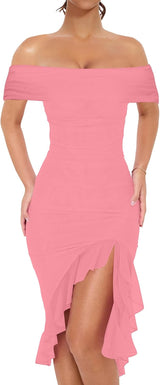 Women'S Sexy Bodycon off the Shoulder Party Midi Dress | Elegant Ruched Mesh Ruffle Cocktail Dress