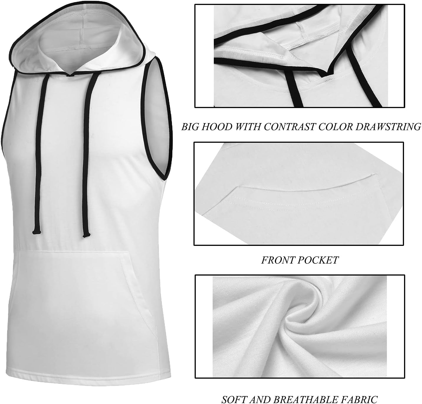 Men'S Sleeveless Workout Hoodie Tank Tops Gym Bodybuilding Muscle Cut off T-Shirts with Pockets White