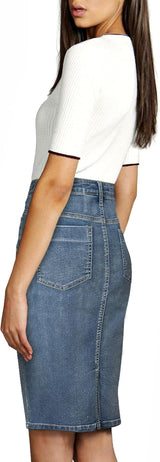 Womens Stretch Pencil Skirts with Functional Pockets, a Line & Destructed Mini Denim Skirts