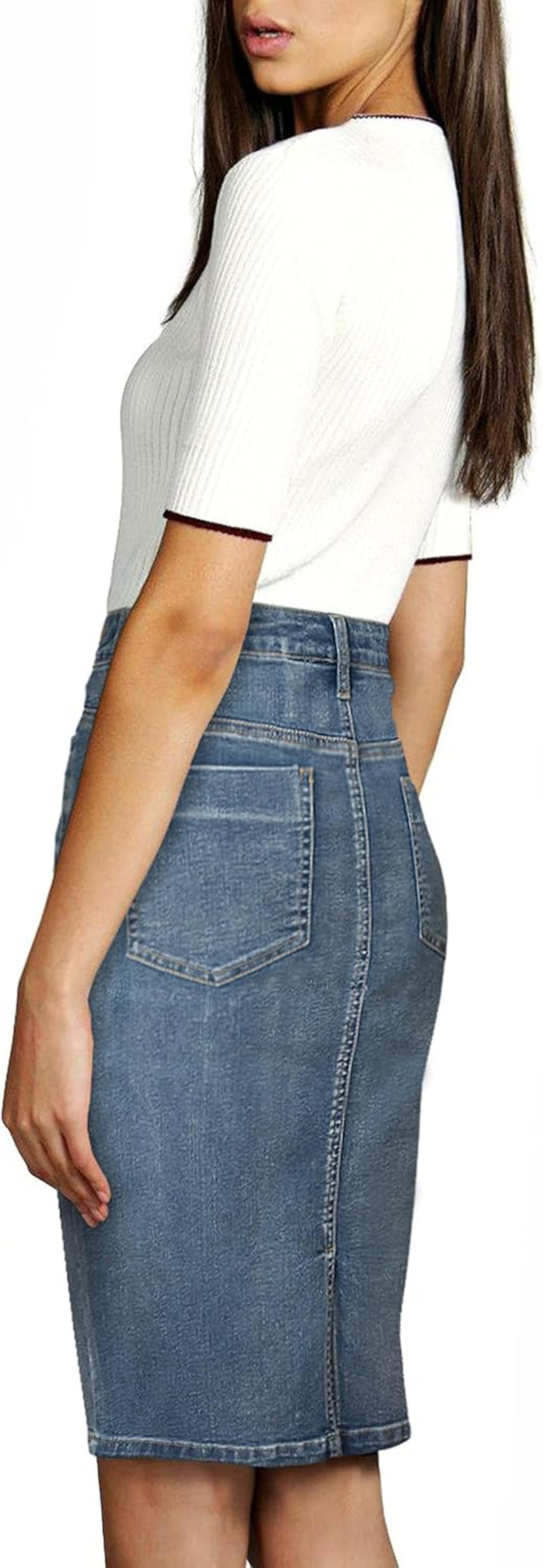 Womens Stretch Pencil Skirts with Functional Pockets, a Line & Destructed Mini Denim Skirts