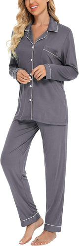 Pajamas Set for Women Long Sleeve Sleepwear with Pocket Soft Button down Shirt Long Pants Pj Lounge Sets S-XXL