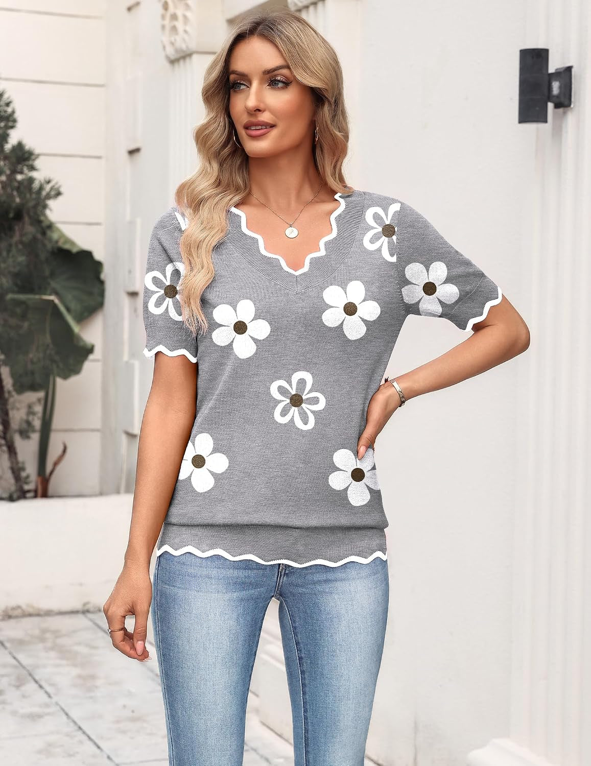 Women'S Short Sleeve Sweater 2026 Spring Summer V Neck Lightweight Tops Dressy Blouses Business Casual Outfits