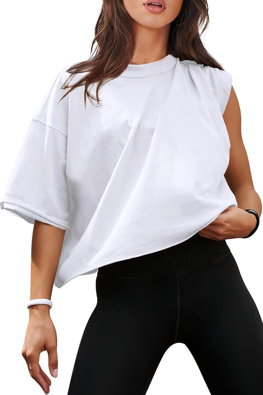 Cotton Tshirts for Women Drop Shoulder round Neck Oversized Crop Tops Workout Tops Tees