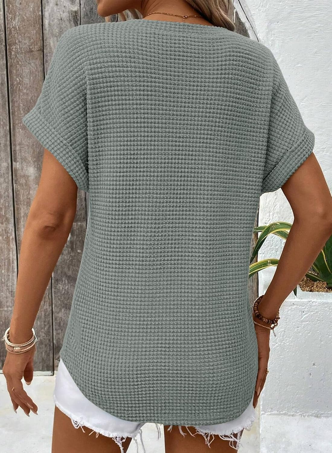 Womens Waffle Knit Tops 2026 Spring Summer V Neck Shirts Casual Trendy Women'S Blouses Basic Tee