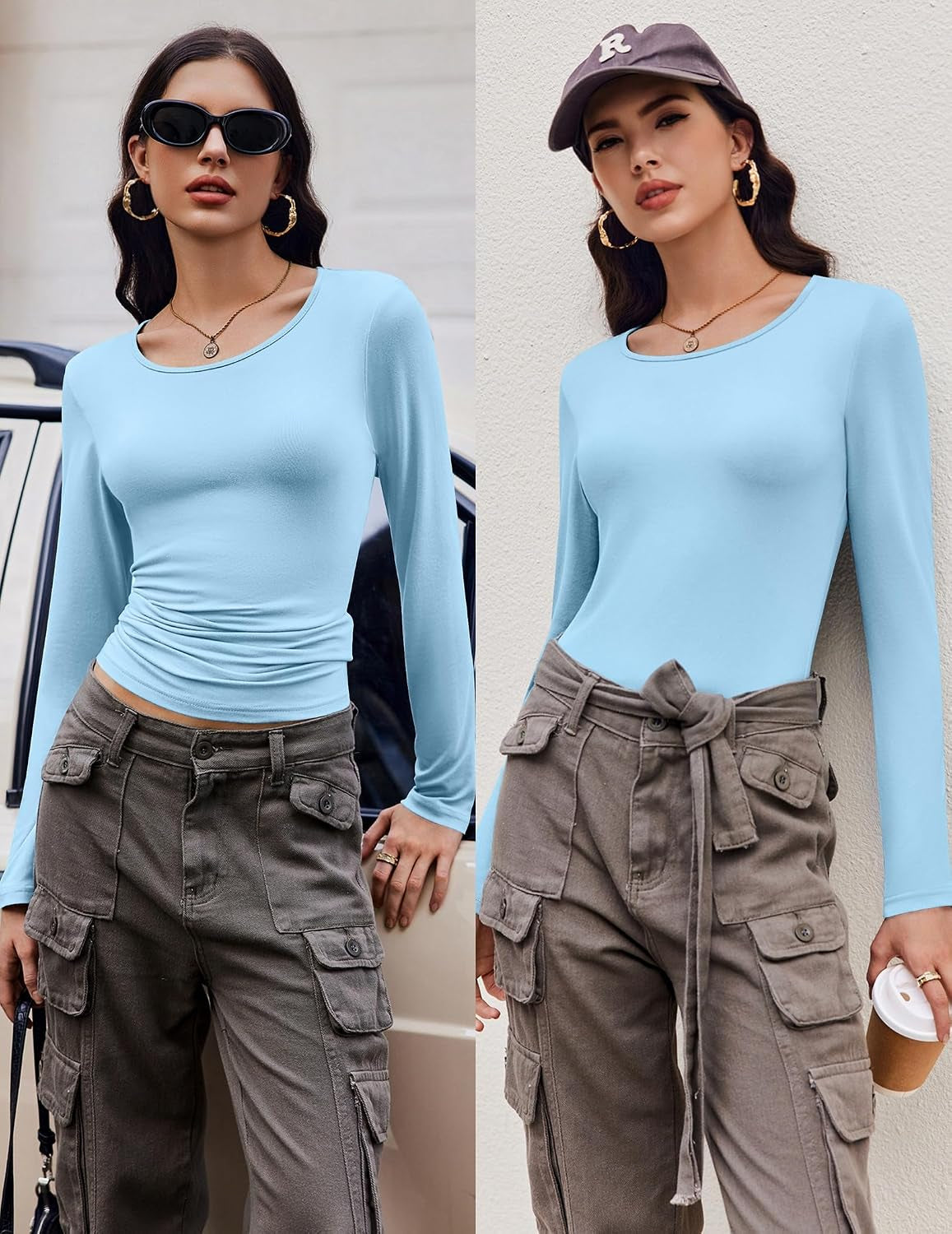 Long Sleeve Shirts for Women 3 Pack Scoop Neck Fitted Tops Thermal Undershirt Stretch Base Layer Soft Tee
