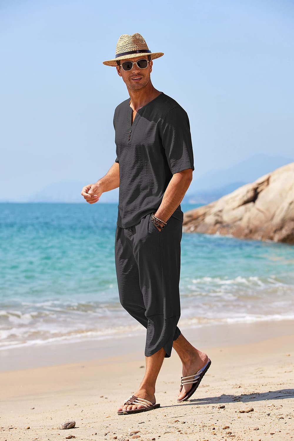 Men'S 2 Pieces Linen Set Henley Shirt Short Sleeve and Harem Capri Pants Wide Leg Baggy Beach Yoga Trousers Outfits