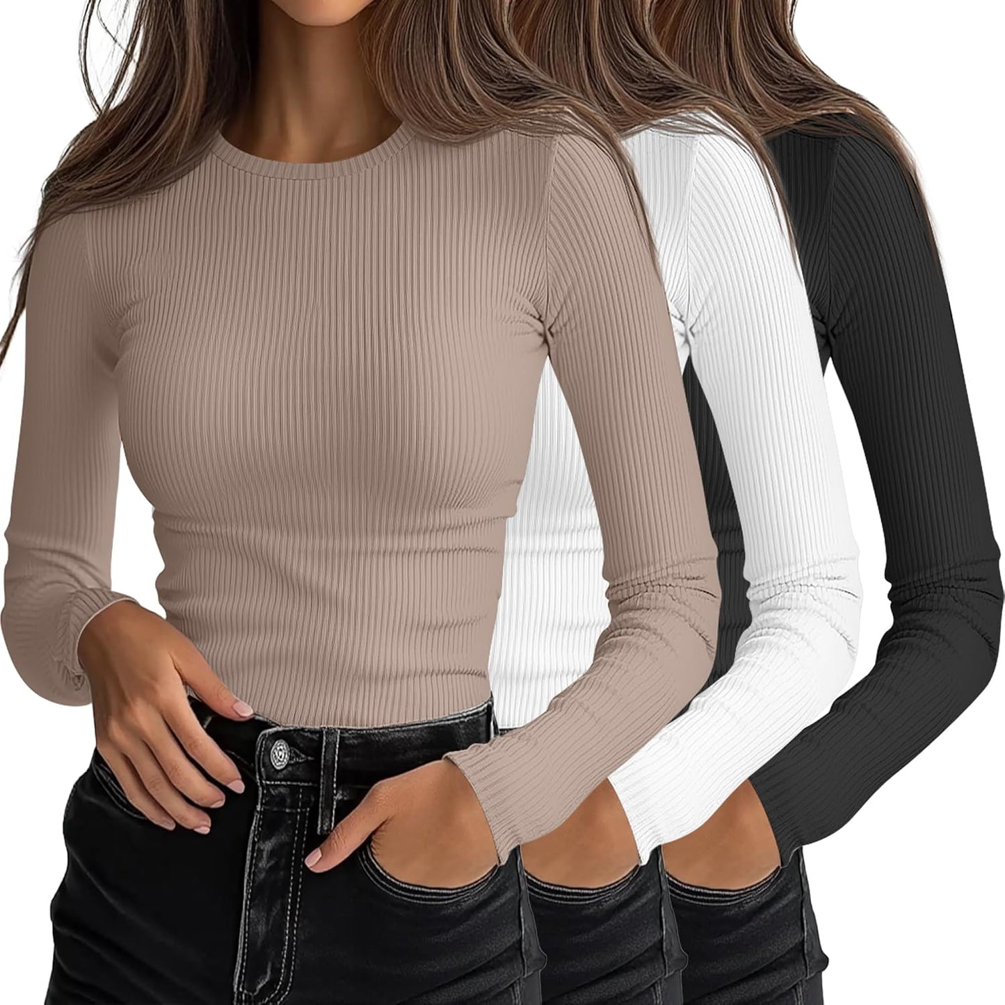 3 Pack Women'S Ribbed Long Sleeve Tops, Crew Neck Slim Fit Undershirts Knit Basic Casual Stretch Layering Tee Shirts