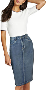 Womens Stretch Pencil Skirts with Functional Pockets, a Line & Destructed Mini Denim Skirts