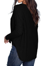 Womens Loose Blouse Long Sleeve V Neck Button down T Shirts Tie Front Knot Casual Tops Black S