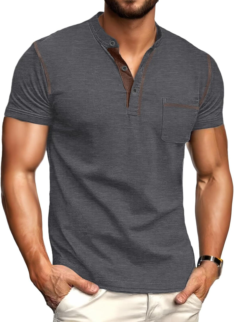 Mens Henley Shirts Short Sleeve Summer Casual Classic Cotton T Shirts Pocket Button Shirt