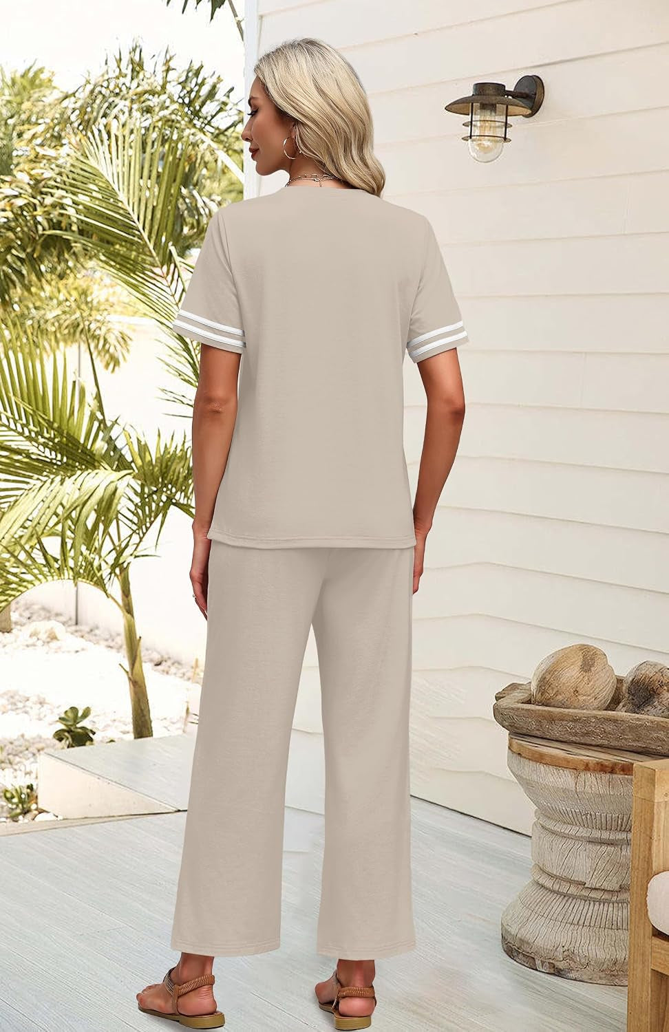 Two Piece Sets for Women Summer Outfits Lounge Sets Short Sleeve Tops Wide Leg Pants Vacation Travel Outfits