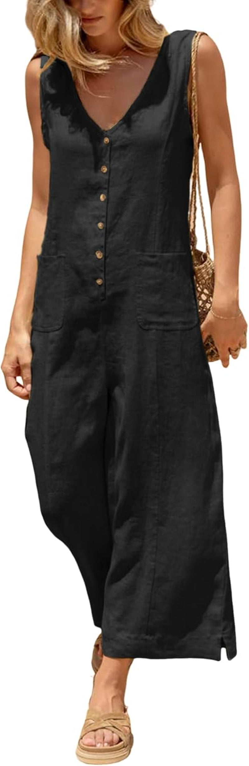 Women Button down Jumpsuits Cotton Linen Sleeveless Casual Wide Legs Rompers Loose Overall with Pockets