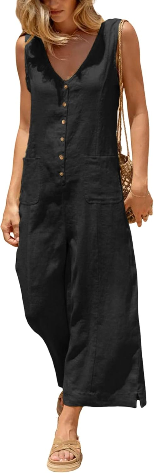 Women Button down Jumpsuits Cotton Linen Sleeveless Casual Wide Legs Rompers Loose Overall with Pockets
