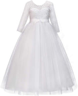 Girls Long Lace Bridesmaid Dress 3/4 Sleeves Floor Length Maxi Tulle Pageant Ball Gowns Wedding Party Dresses for Kids