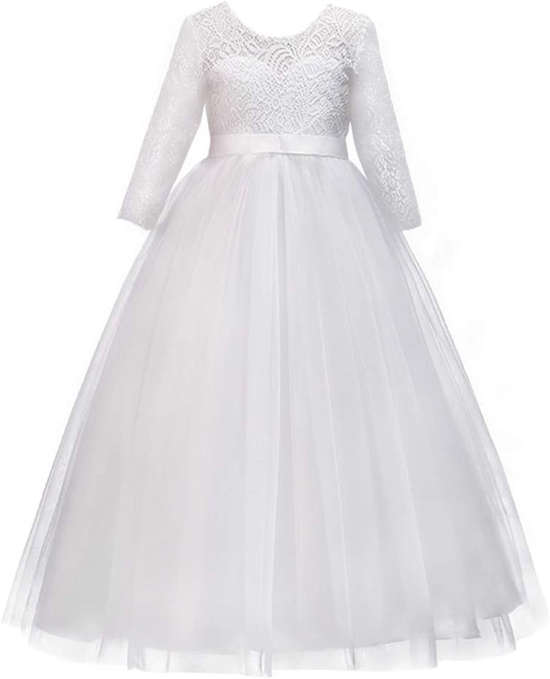 Girls Long Lace Bridesmaid Dress 3/4 Sleeves Floor Length Maxi Tulle Pageant Ball Gowns Wedding Party Dresses for Kids