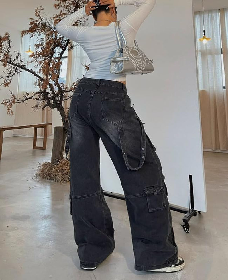 Cargo Jeans for Women Low Waist Baggy Jeans Y2K Pants Women Wide Leg Womens Cargo Pants Grunge Emo Clothes