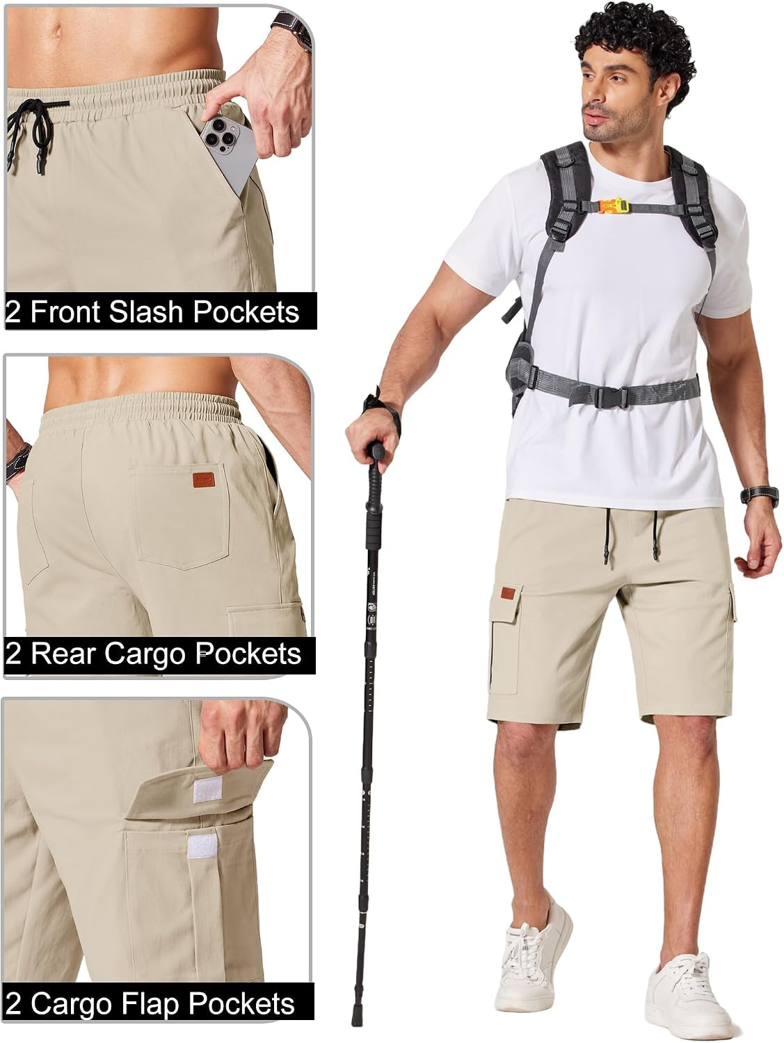 Men'S Casual Cargo Shorts 10" Drawstring Elastic Waist Shorts Summer Cotton Chino Work Shorts with 6 Pockets
