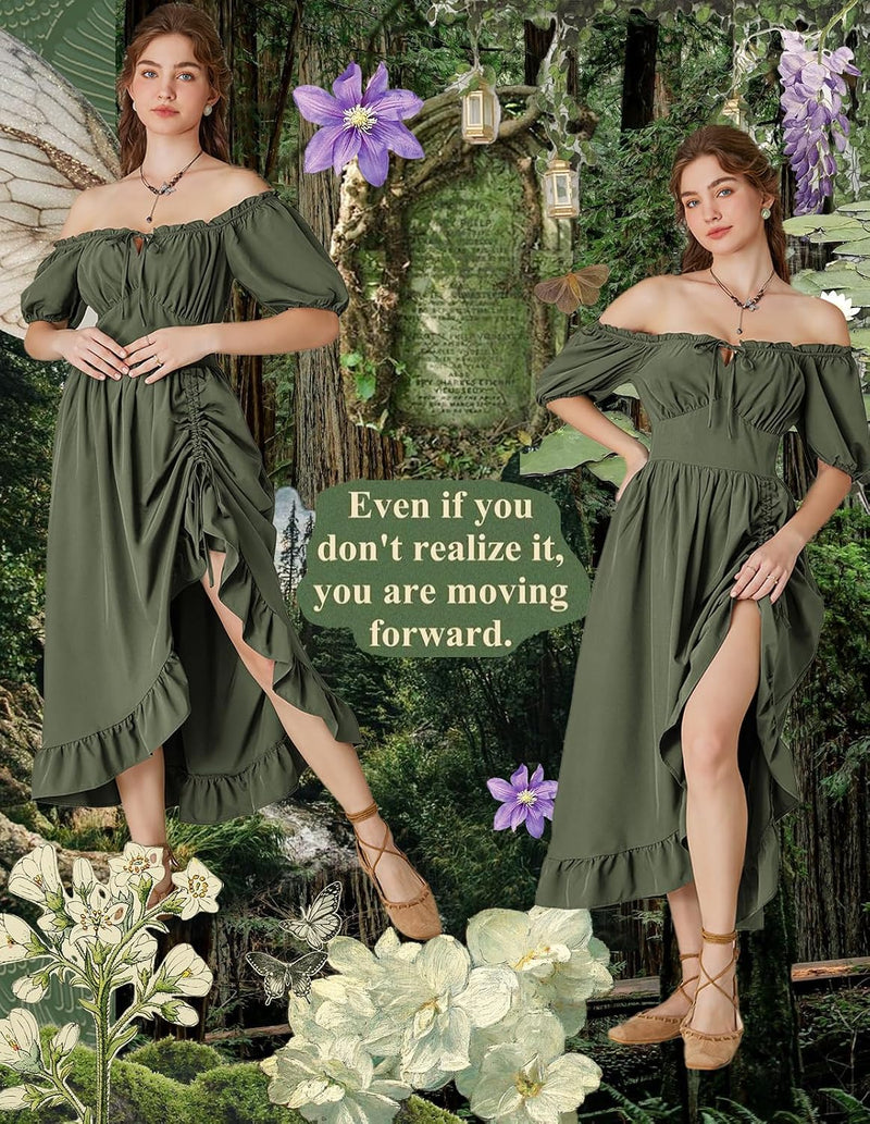 Renaissance Dress Women Cottagecore Corset Dress Ruffle Maxi Dress with Pockets