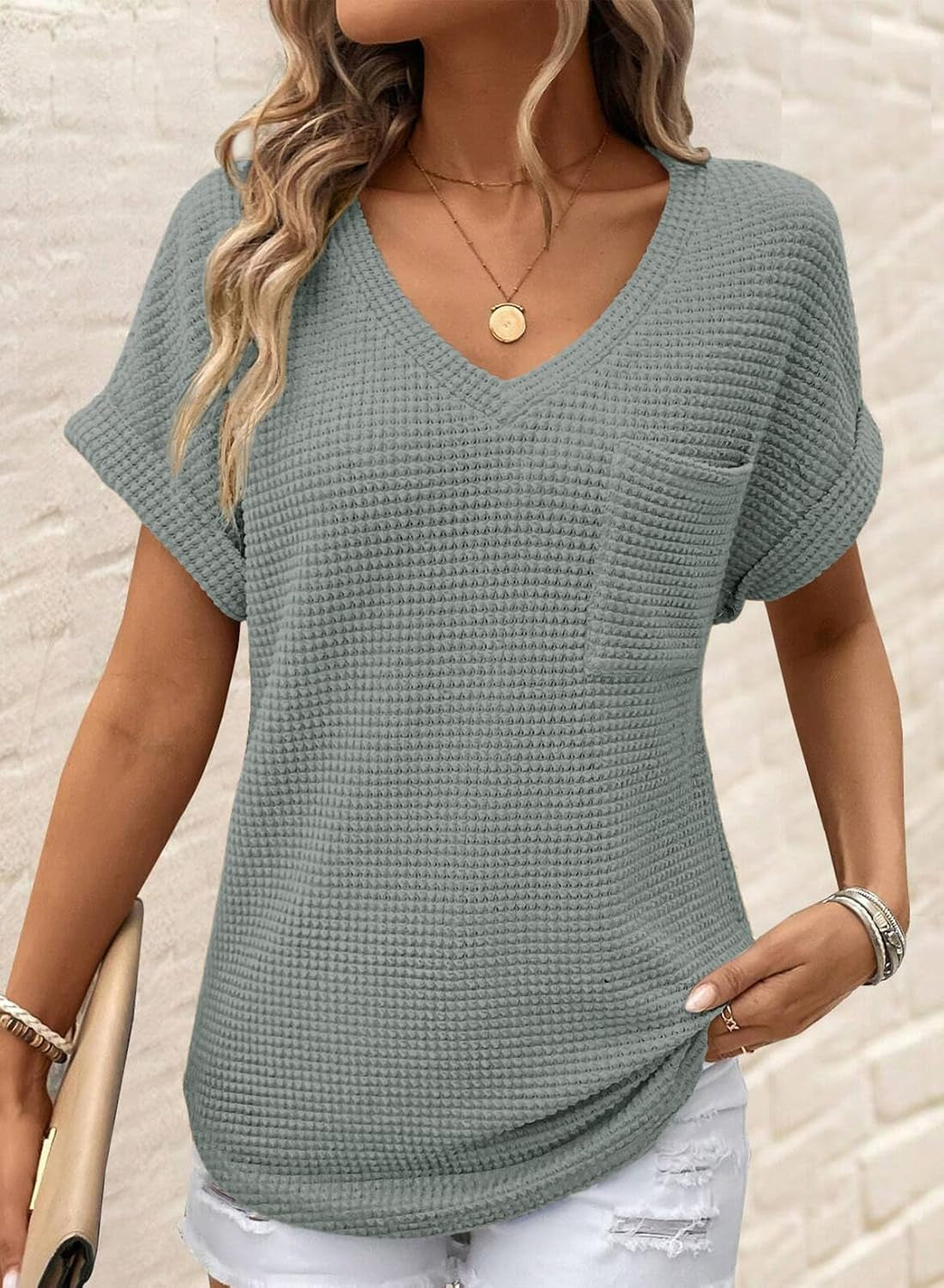 Womens Waffle Knit Tops 2026 Spring Summer V Neck Shirts Casual Trendy Women'S Blouses Basic Tee