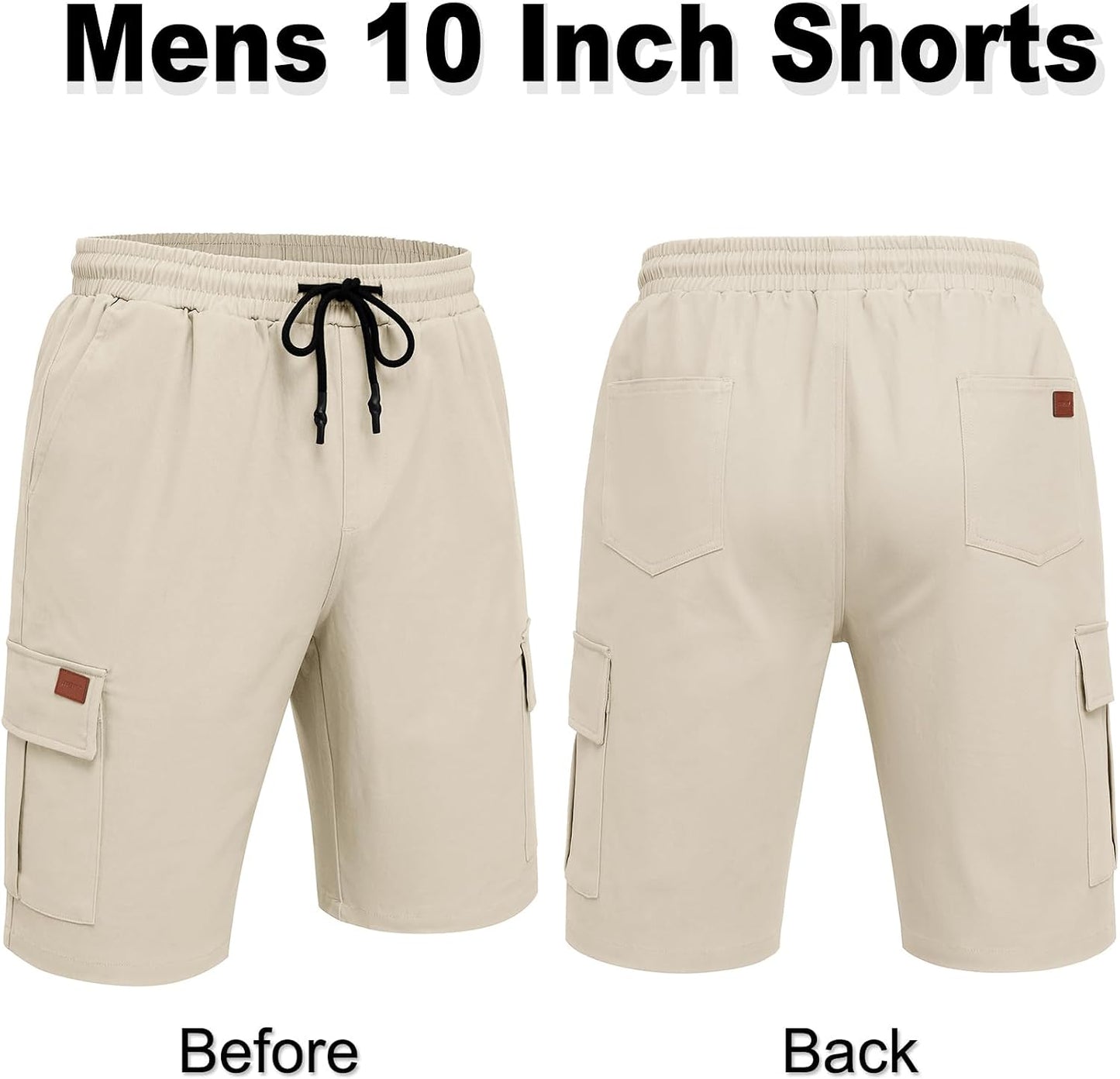 Men'S Casual Cargo Shorts 10" Drawstring Elastic Waist Shorts Summer Cotton Chino Work Shorts with 6 Pockets