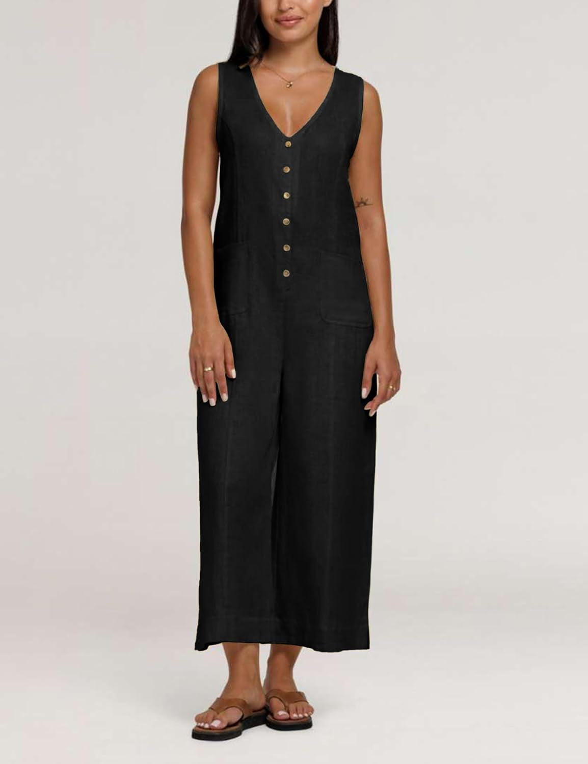 Women Button down Jumpsuits Cotton Linen Sleeveless Casual Wide Legs Rompers Loose Overall with Pockets