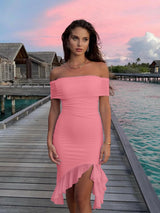 Women'S Sexy Bodycon off the Shoulder Party Midi Dress | Elegant Ruched Mesh Ruffle Cocktail Dress
