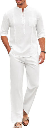 Men'S 2 Piece Cotton Sets Casual Long Sleeve Cuban Henley Shirt and Loose Pants Set Beach Vacation Outfits