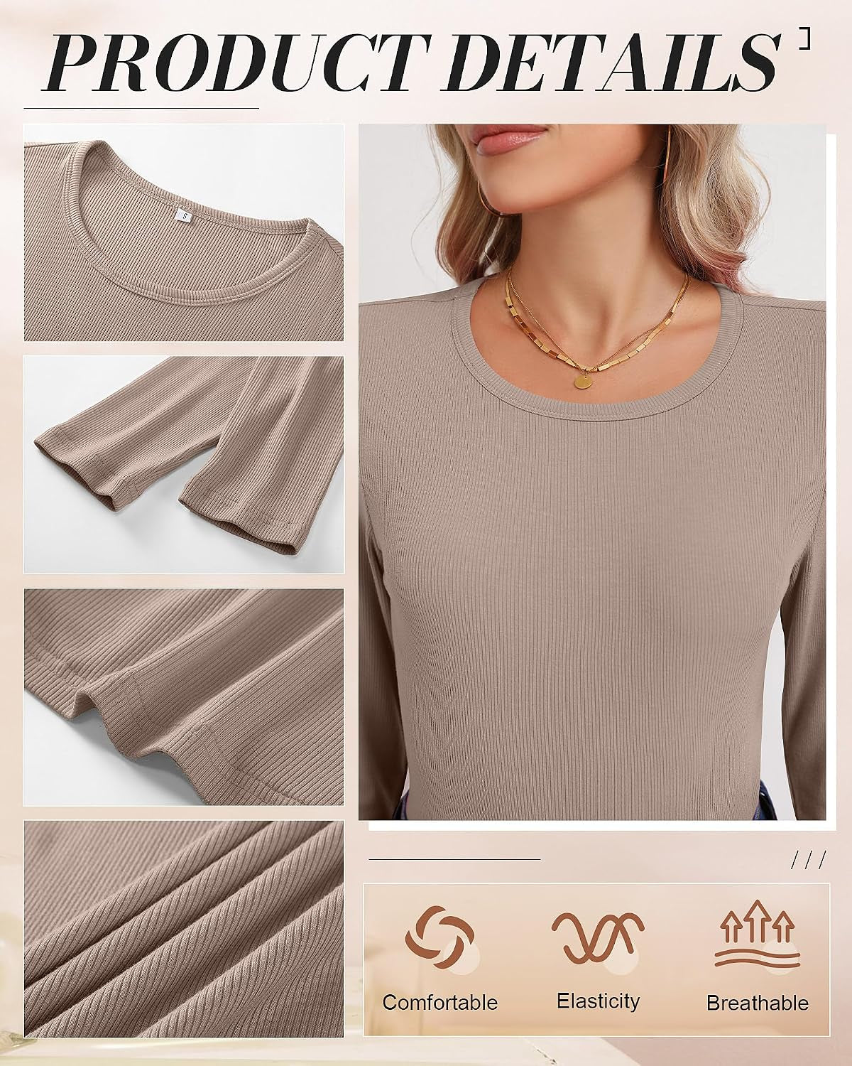 3 Pack Women'S Ribbed Long Sleeve Tops, Crew Neck Slim Fit Undershirts Knit Basic Casual Stretch Layering Tee Shirts