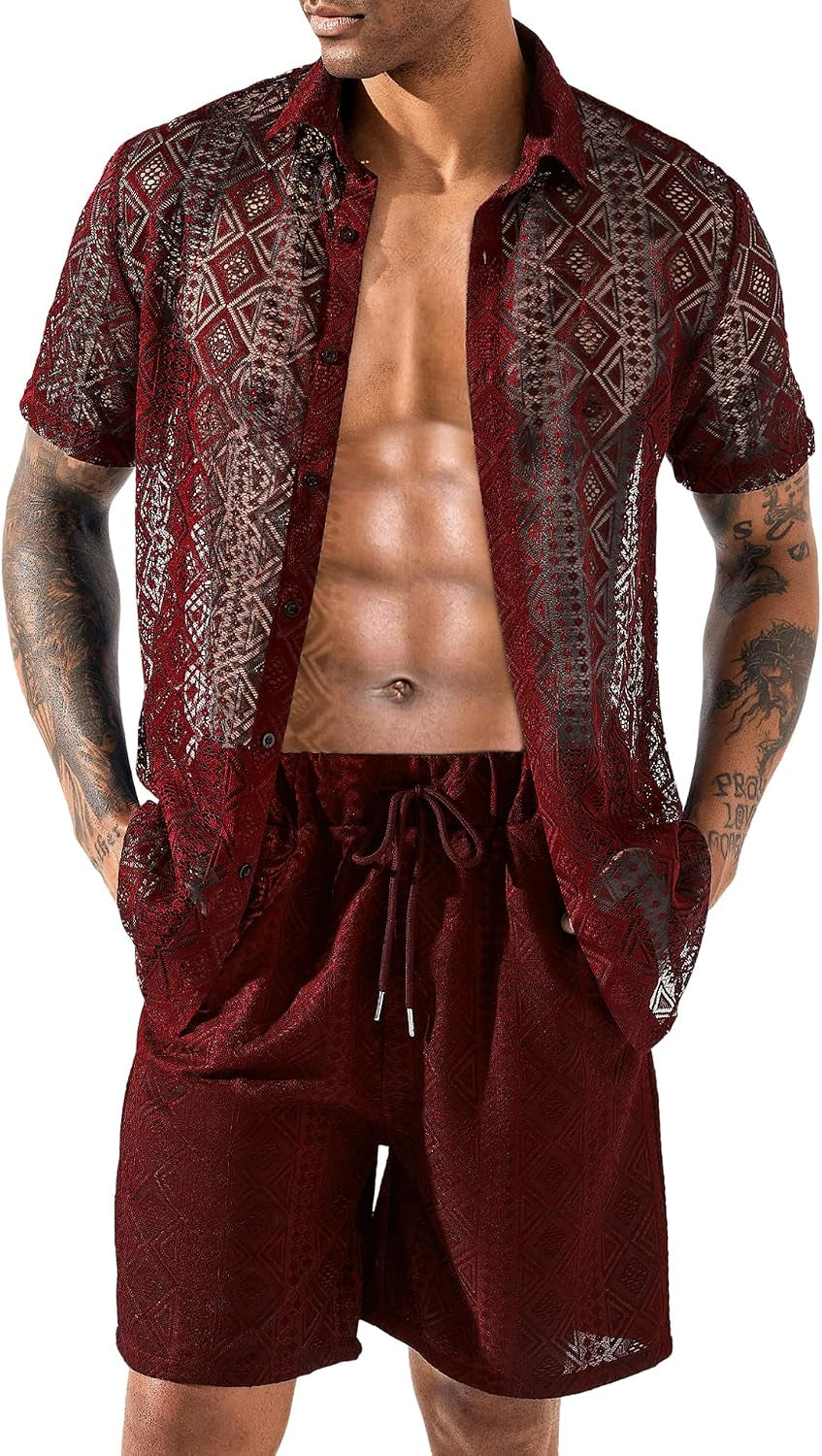 Men Summer Casual Short Sets Lace Short Sleeve Button down Shirt Elastic Waist Shorts 2 Piece Outfits Tracksuit