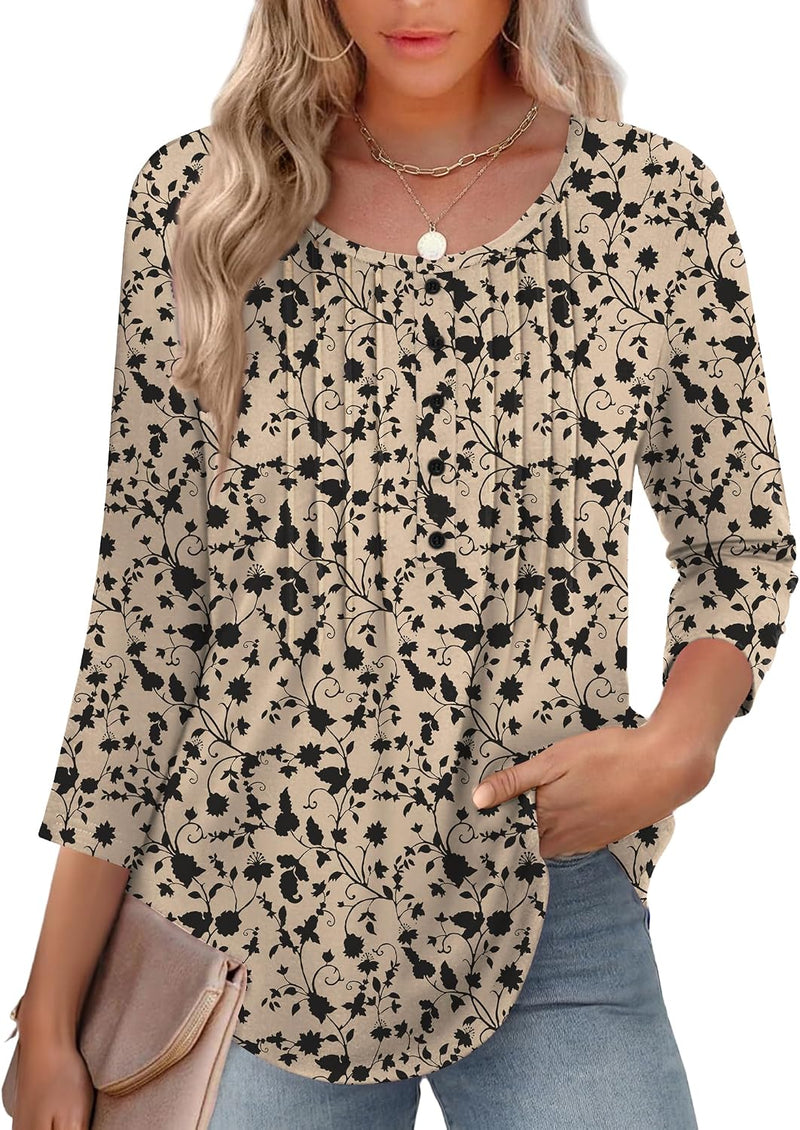 3/4 Length Sleeve Womens Tops round Neck Casual Summer Tunic Tops Basic Tees Blouses Dressy T-Shirts Pleated Shirts