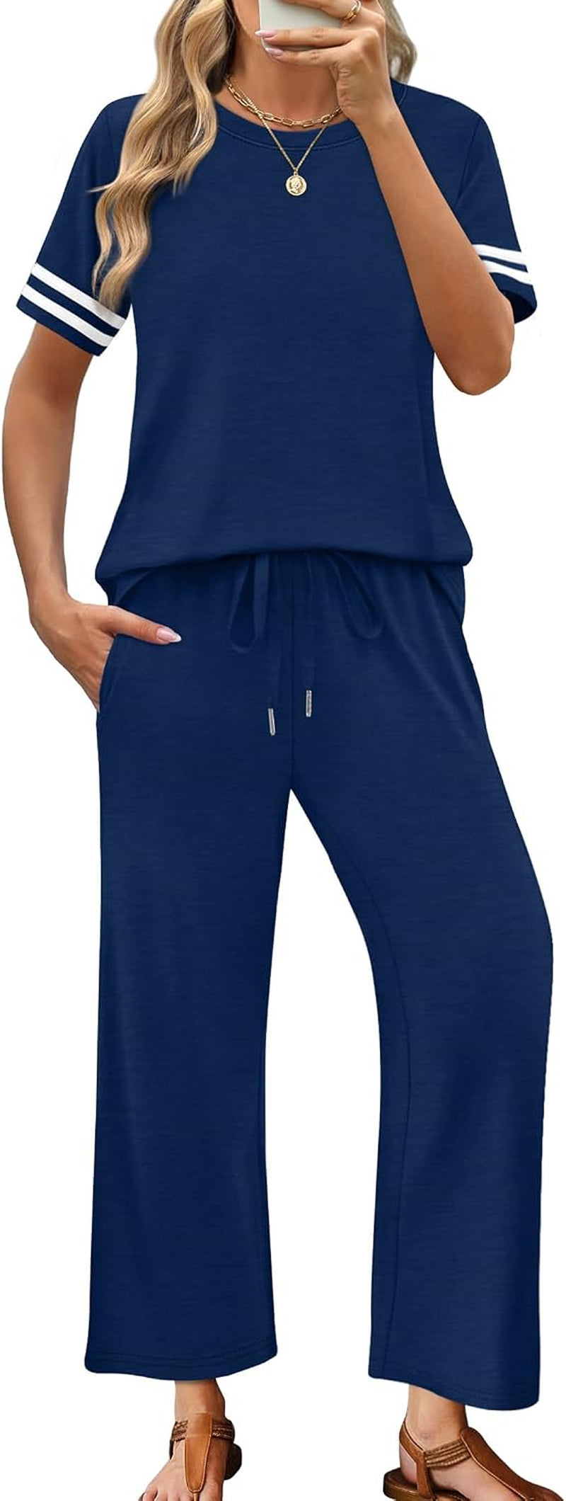 Two Piece Sets for Women Summer Outfits Lounge Sets Short Sleeve Tops Wide Leg Pants Vacation Travel Outfits