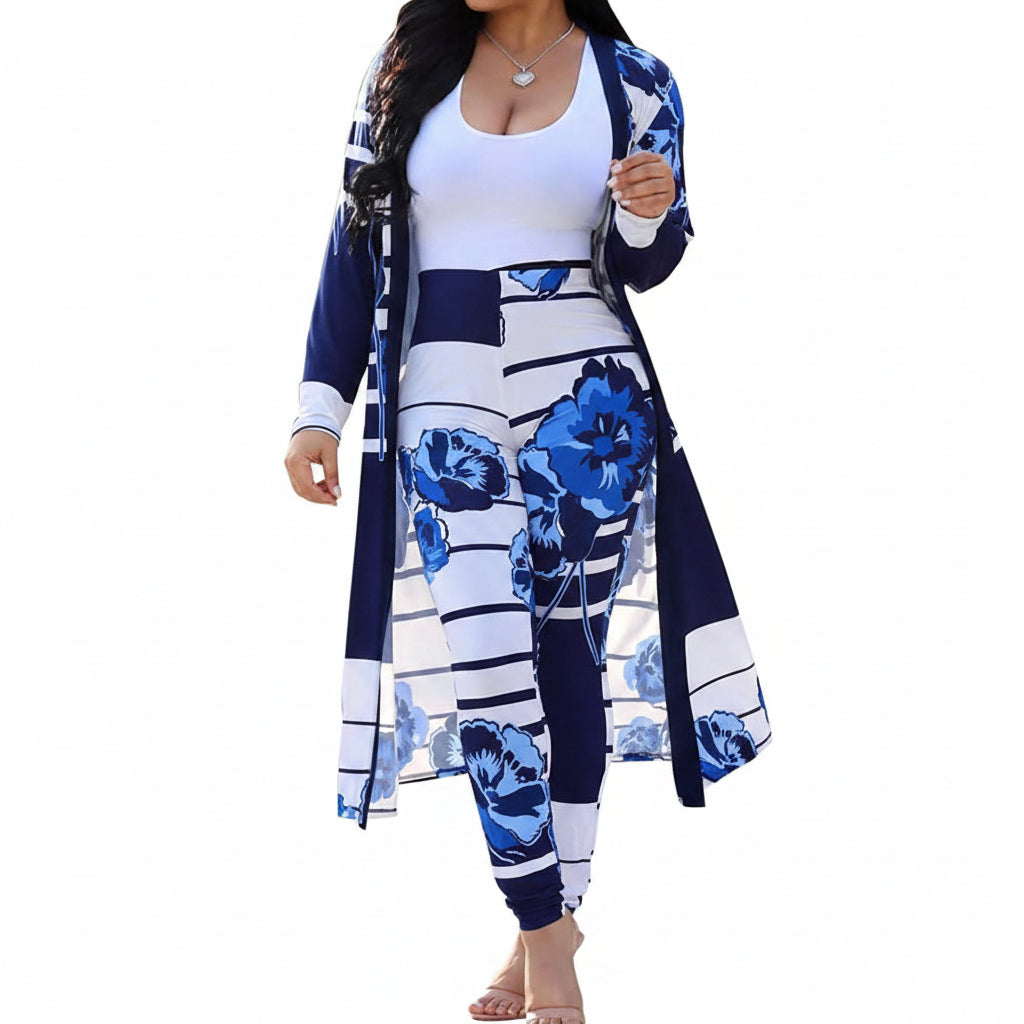 Womens Two Piece Outfits Jumpsuits Print Clubwear Long Sleeve Open Kimonos Cardigan Pants Sets Blue M