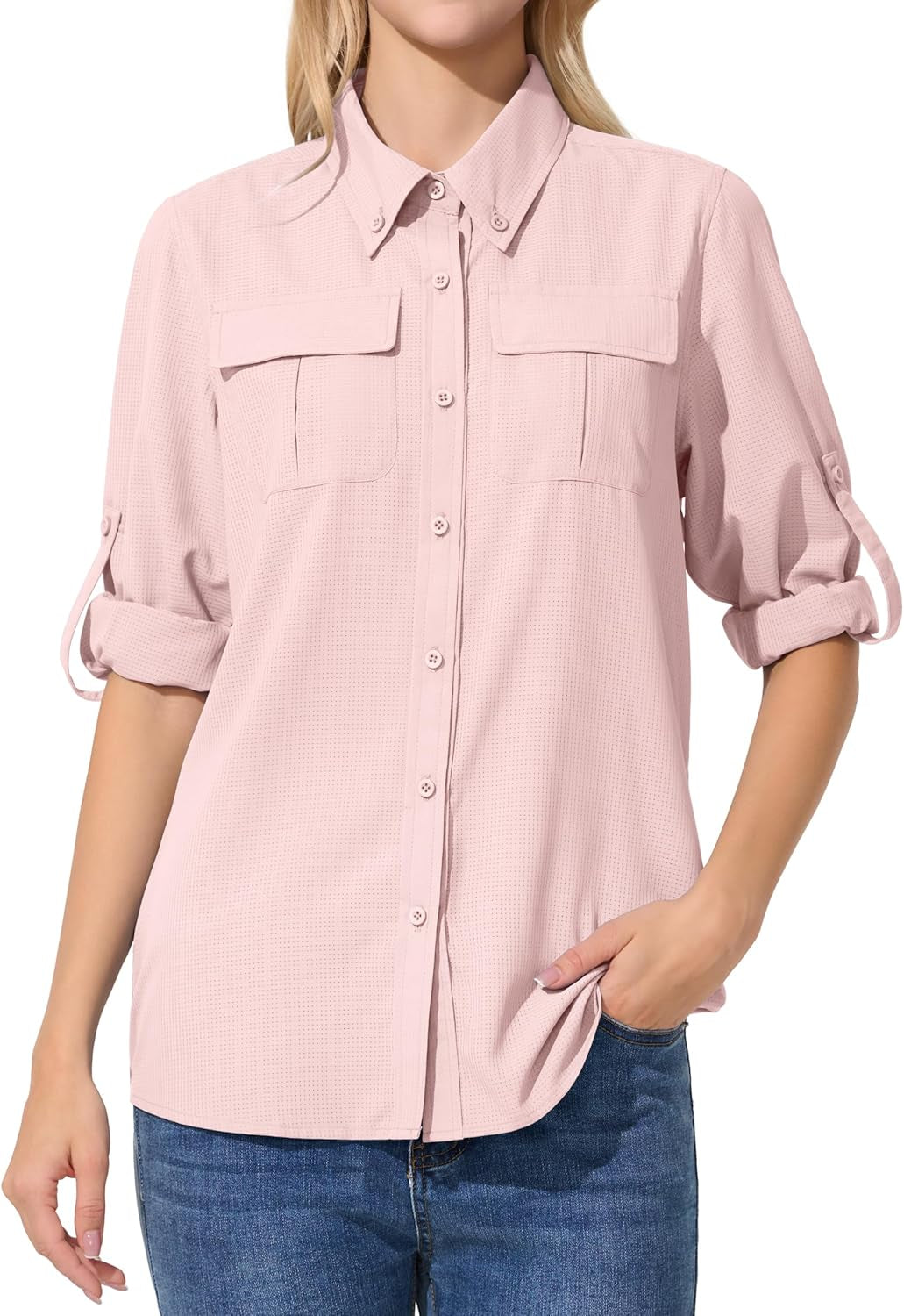 Womens UPF 50 Sun Protection Shirts Fishing Shirts Quick Dry Roll-Up Sleeves Safari Shirts