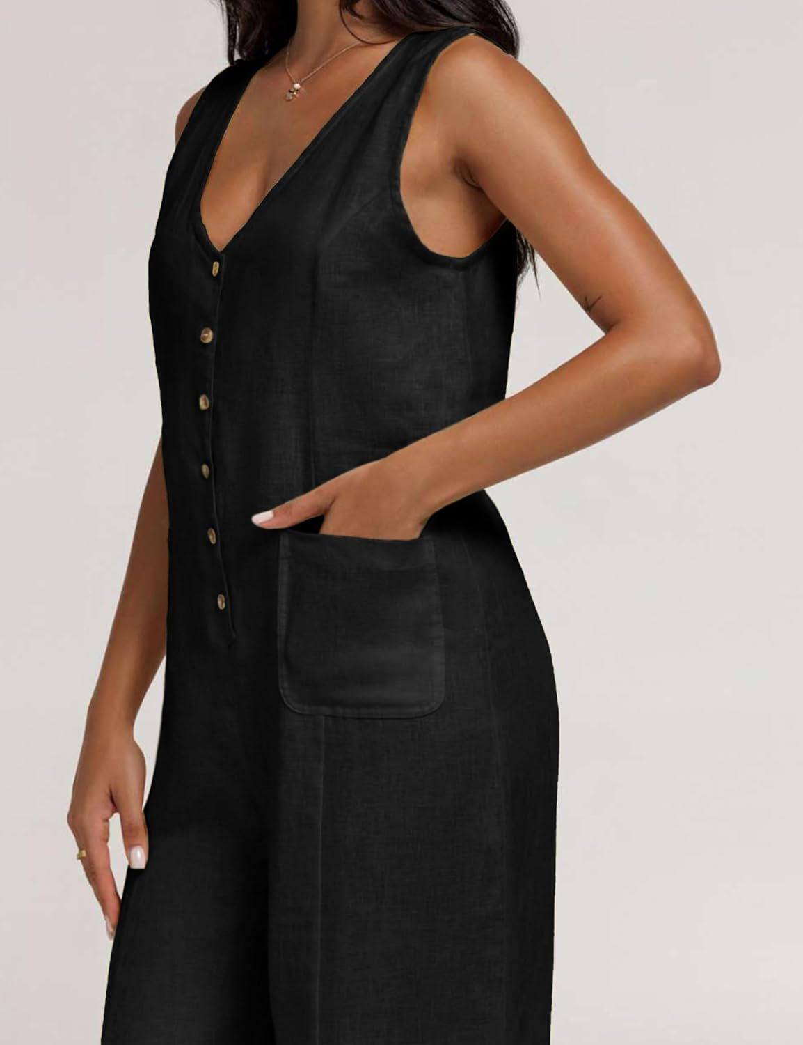 Women Button down Jumpsuits Cotton Linen Sleeveless Casual Wide Legs Rompers Loose Overall with Pockets