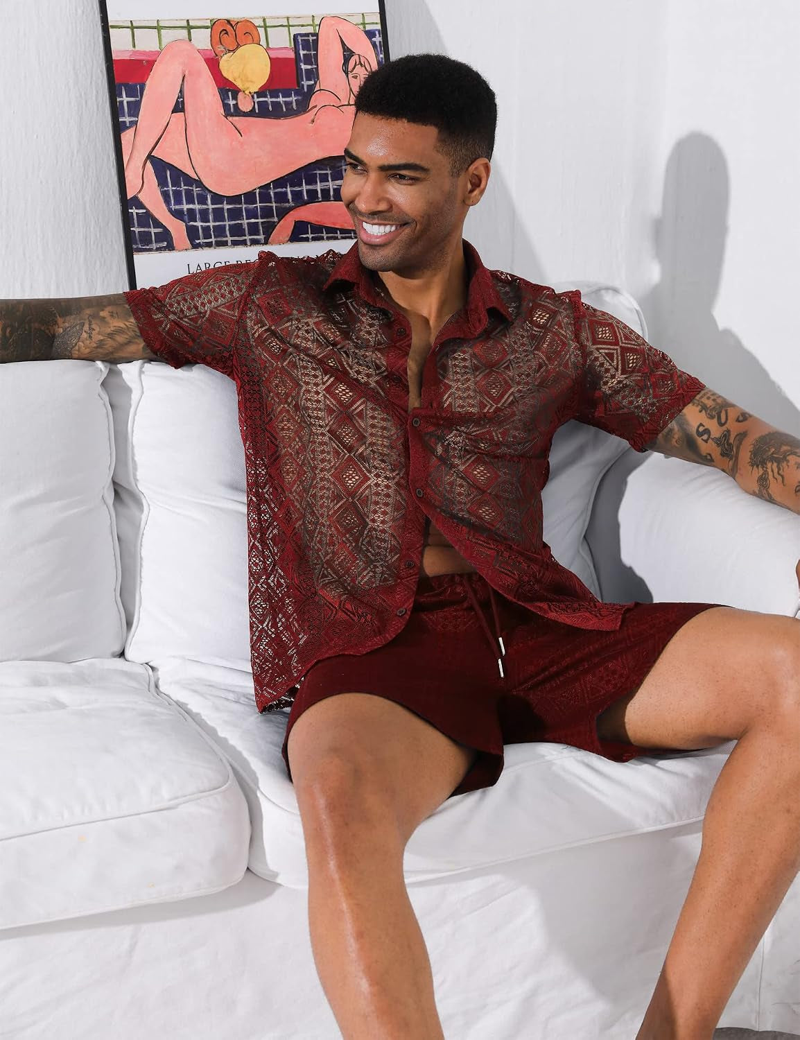 Men Summer Casual Short Sets Lace Short Sleeve Button down Shirt Elastic Waist Shorts 2 Piece Outfits Tracksuit