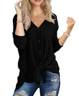 Womens Loose Blouse Long Sleeve V Neck Button down T Shirts Tie Front Knot Casual Tops Black S