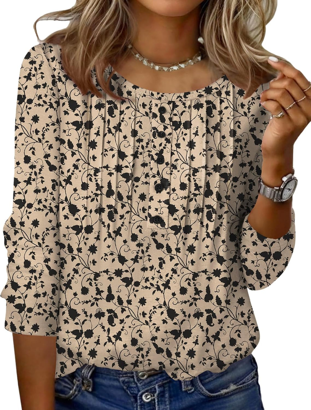 3/4 Length Sleeve Womens Tops round Neck Casual Summer Tunic Tops Basic Tees Blouses Dressy T-Shirts Pleated Shirts