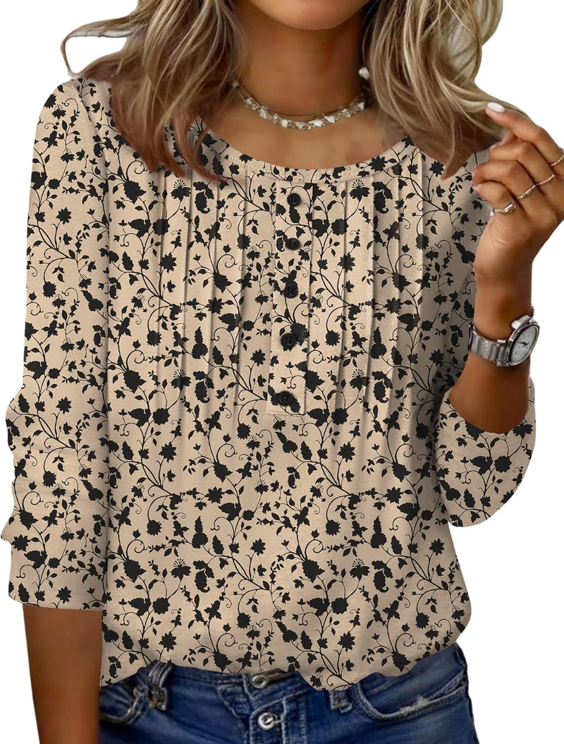 3/4 Length Sleeve Womens Tops round Neck Casual Summer Tunic Tops Basic Tees Blouses Dressy T-Shirts Pleated Shirts