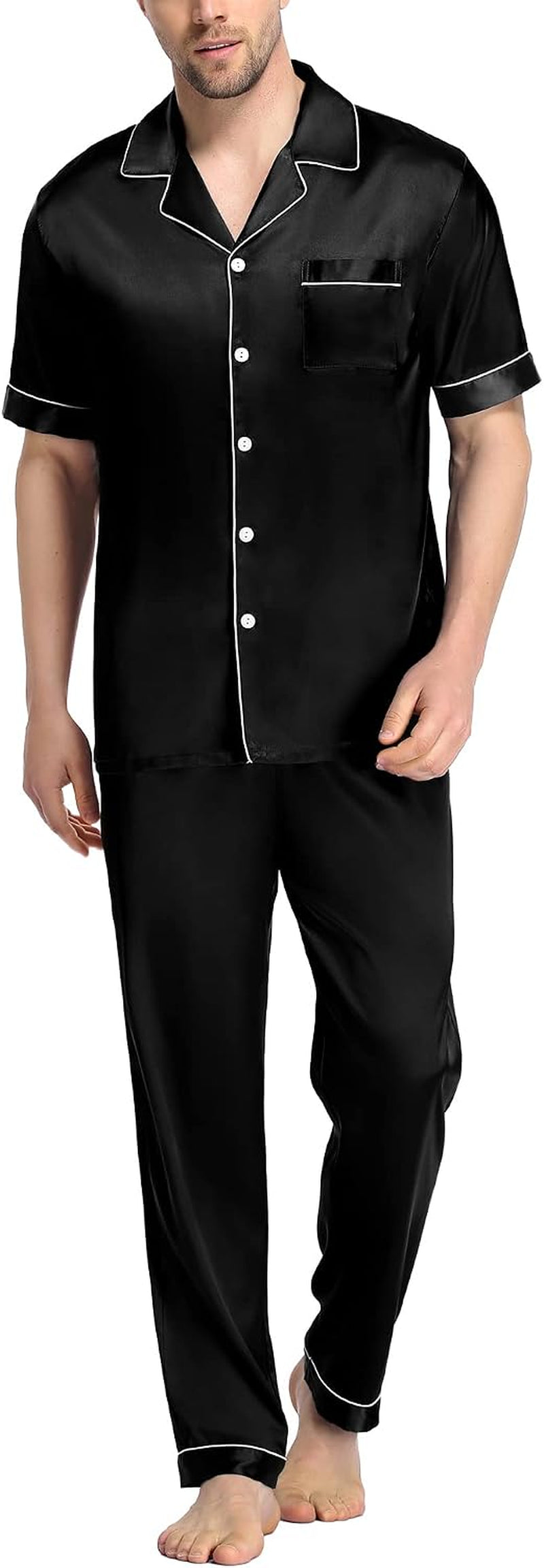 Mens Satin Pajama Set Short Sleeve Classic Sleepwear Button down Silky Loungewear with Long Pants