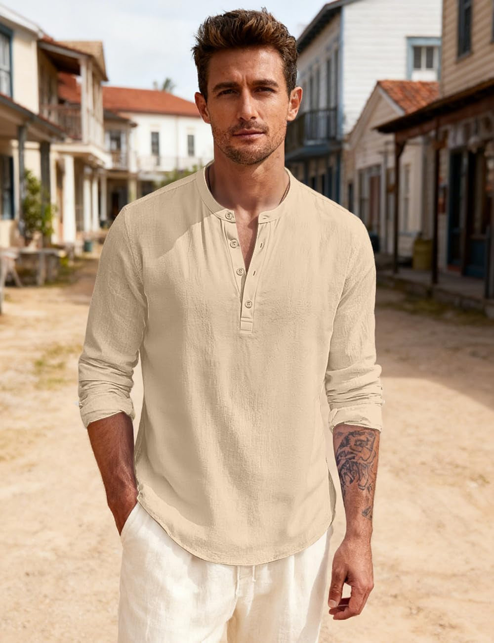 Men'S Linen Shirts Henley T-Shirts Long Sleeve Casual Beach T-Shirts Solid Tops Shirts for Men