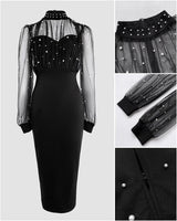 CHICME Women'S Sexy Bodycon Midi Dress Mock Neck Long Sleeve Sheer Dresses Beaded Night Club Party Dresses