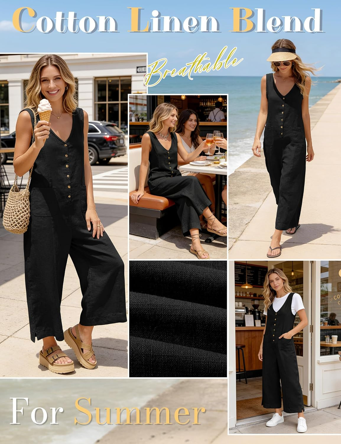 Women Button down Jumpsuits Cotton Linen Sleeveless Casual Wide Legs Rompers Loose Overall with Pockets