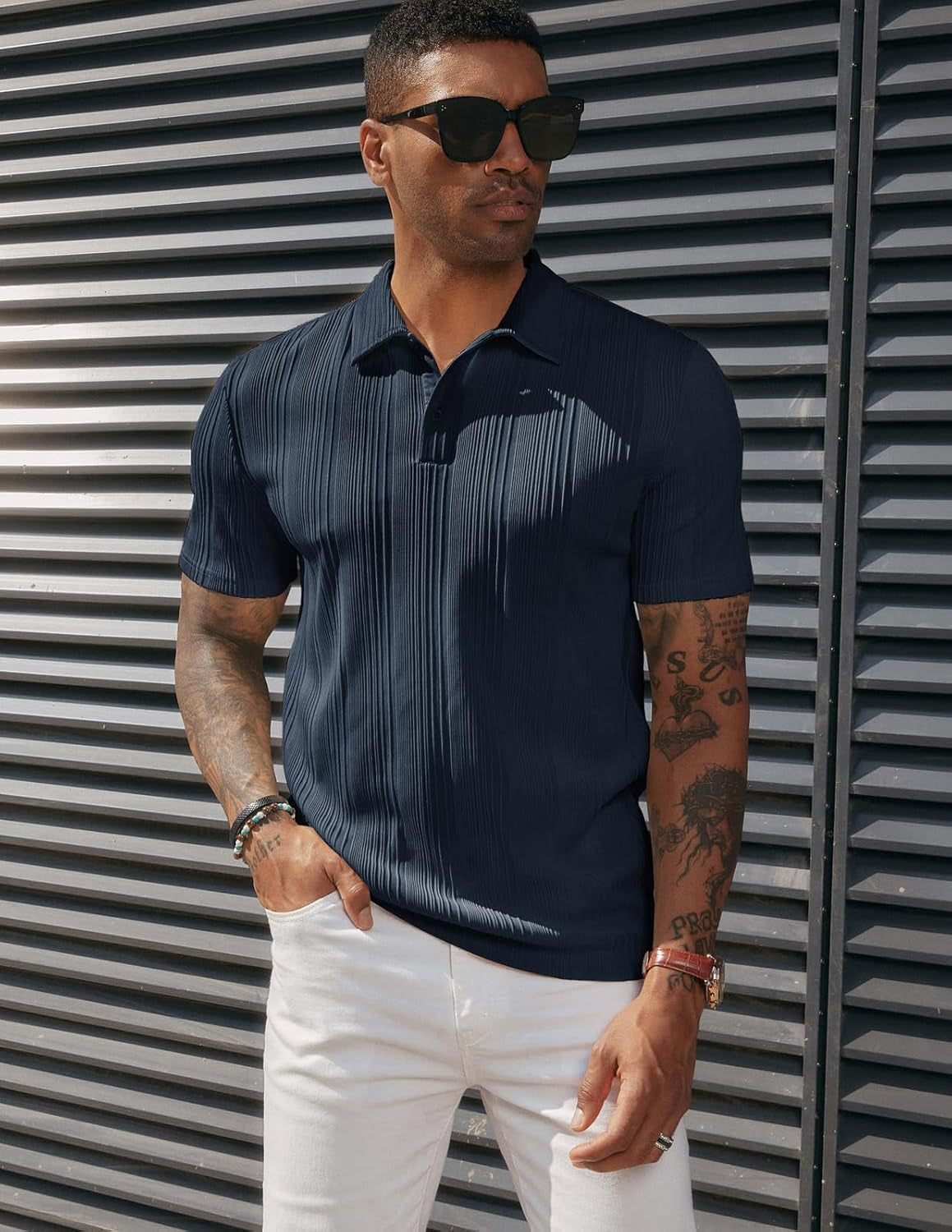Mens Polo Shirts Textured Knit Polo Stretchy Regular Fit Collared Golf Shirts