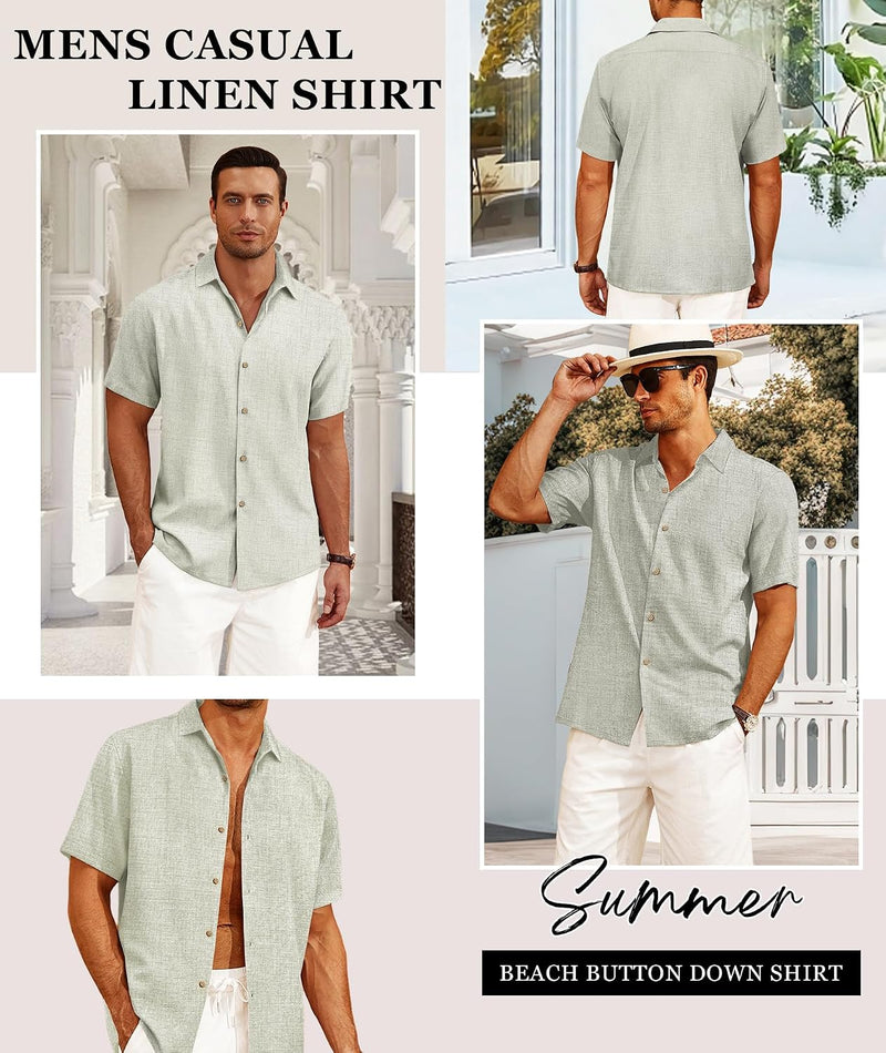 Linen Blend Shirts for Men Casual Short Sleeve Button down Shirt Cool Summer Beach Wedding Vacation Tops