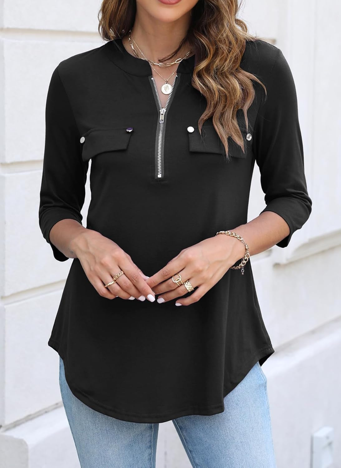 Women'S 3/4 Length Sleeve V Neck Zip Flowy Dressy Casual Tops Blouse